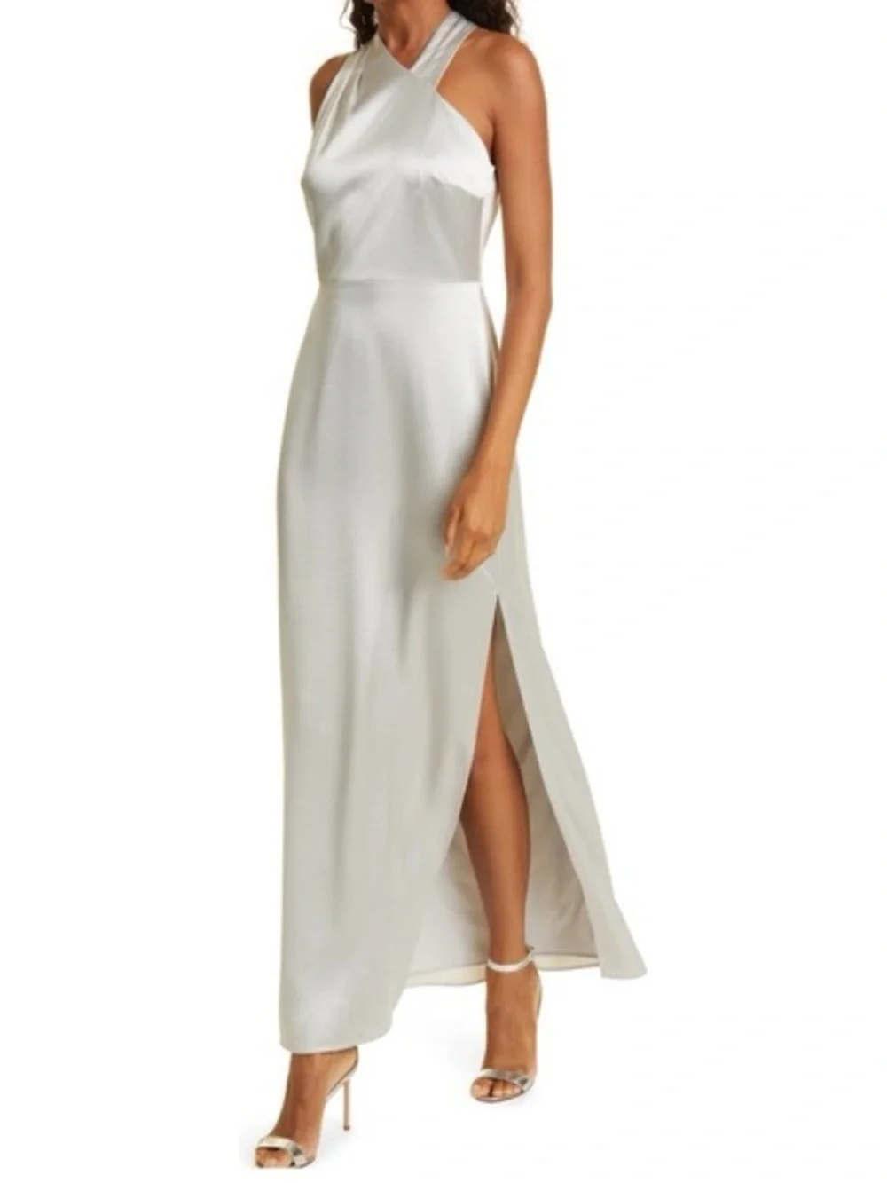 Milly Taryn Satin Halter Maxi Dress in Silver
